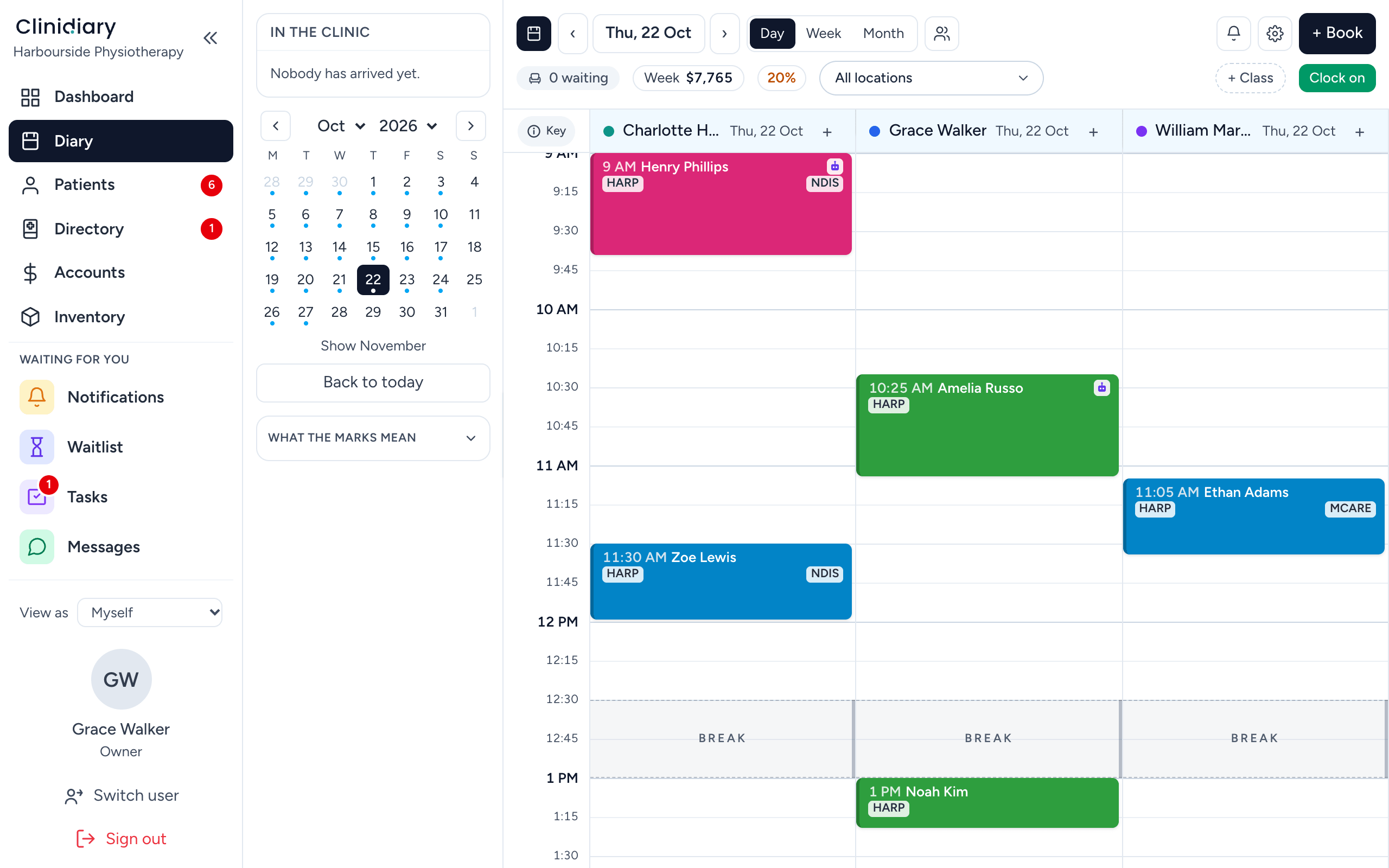The diary — a column per practitioner, a chip per booking.